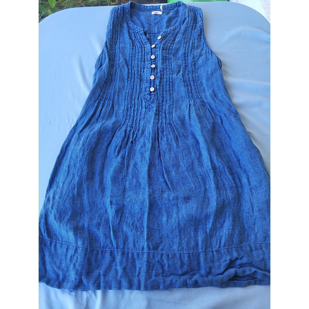 Faherty XL 100% Linen Indigo Isha Dream Gauze Sleeveless Dress Pintuck Preppy